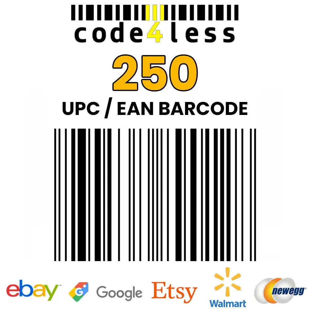 250 UPC EAN Barcodes for E-Commerce (eBay, Etsy, Walmart, Shopify) *Not for Amazon Code4Less
